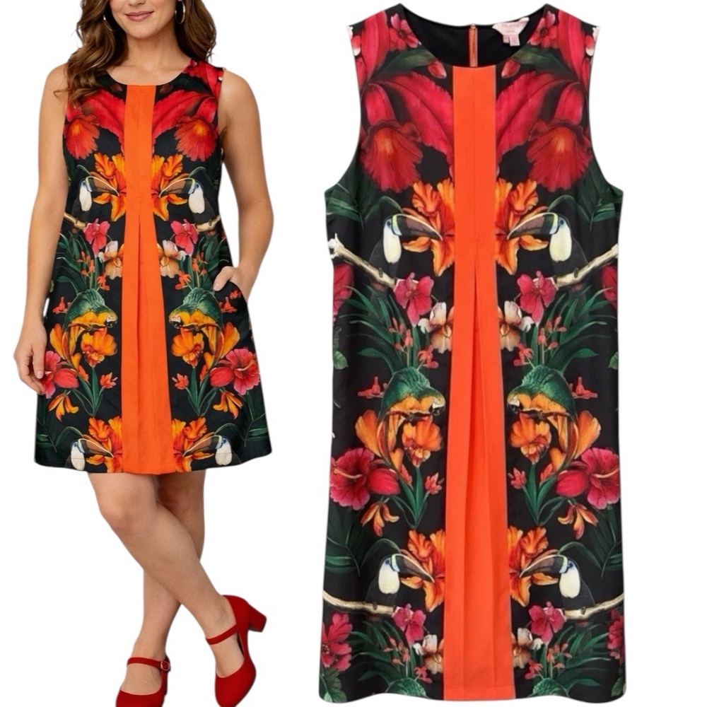 Ted Baker London Exotic Parrot Toucan Tropical Shift Dress Black Orange Size 4 💗